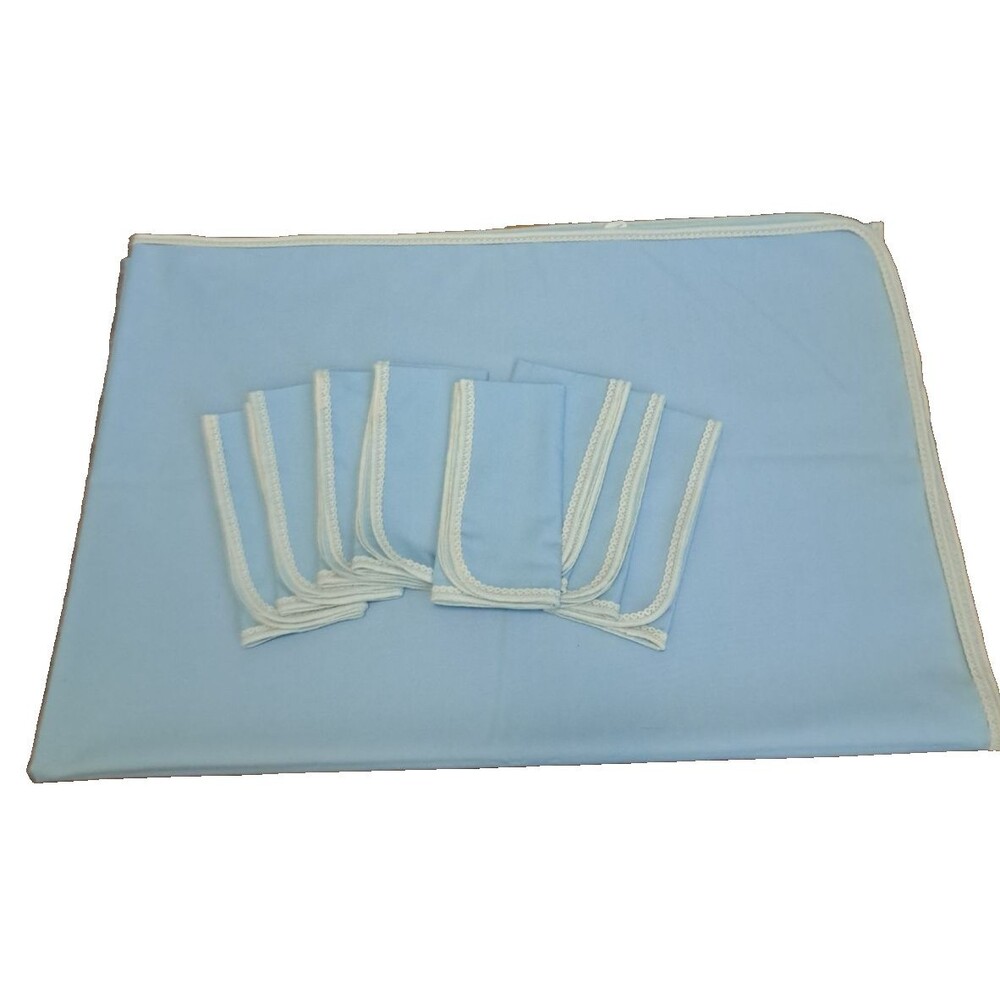 Vintage Blue Tablecloth & 8 Napkins Set 60x80 White Lace Trim Cottage Country